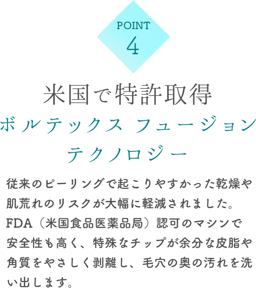 米国で特許取得ボルテックス フュージョンテクノロジー 従来のピーリングで起こりやすかった乾燥や肌荒れのリスクが大幅に軽減されました。FDA（米国食品医薬品局）認可のマシンで安全性も高く、特殊なチップが余分な皮脂や角質をやさしく剥離し、毛穴の奥の汚れを洗い出します。